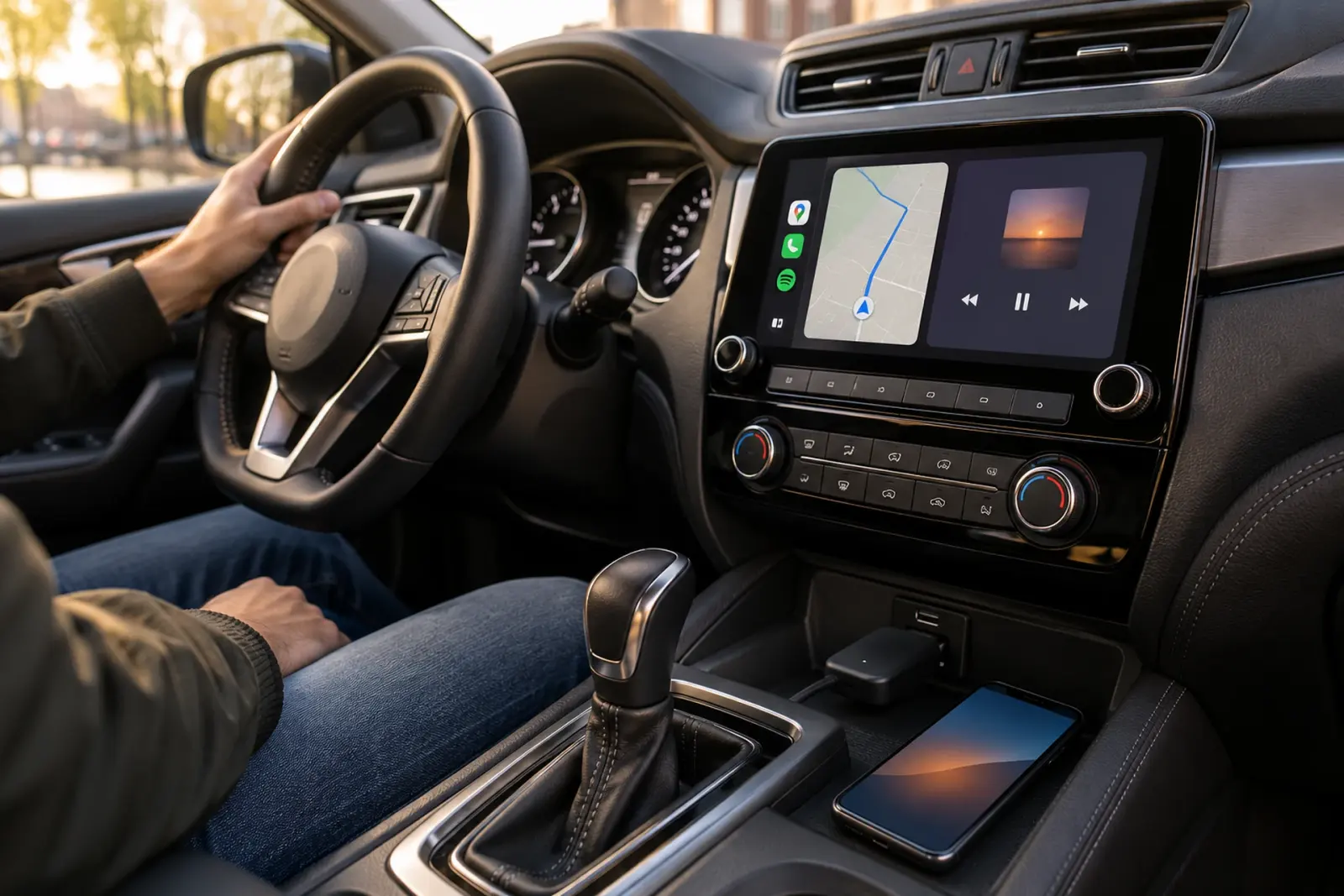 Draadloze Android Auto-adapter in de USB-poort van de middenconsole, met de telefoon los in het bakje en de navigatie op het scherm, auto in Breda