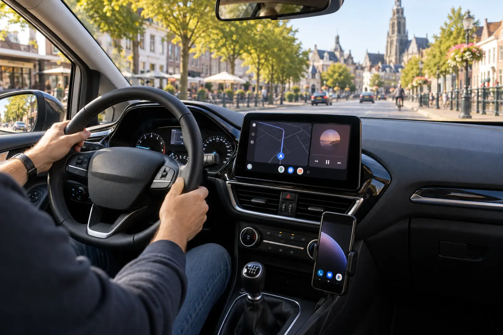 Android Auto bestellen in Breda: Google Maps en muziek op een breed touchscreen tijdens een rit door het centrum