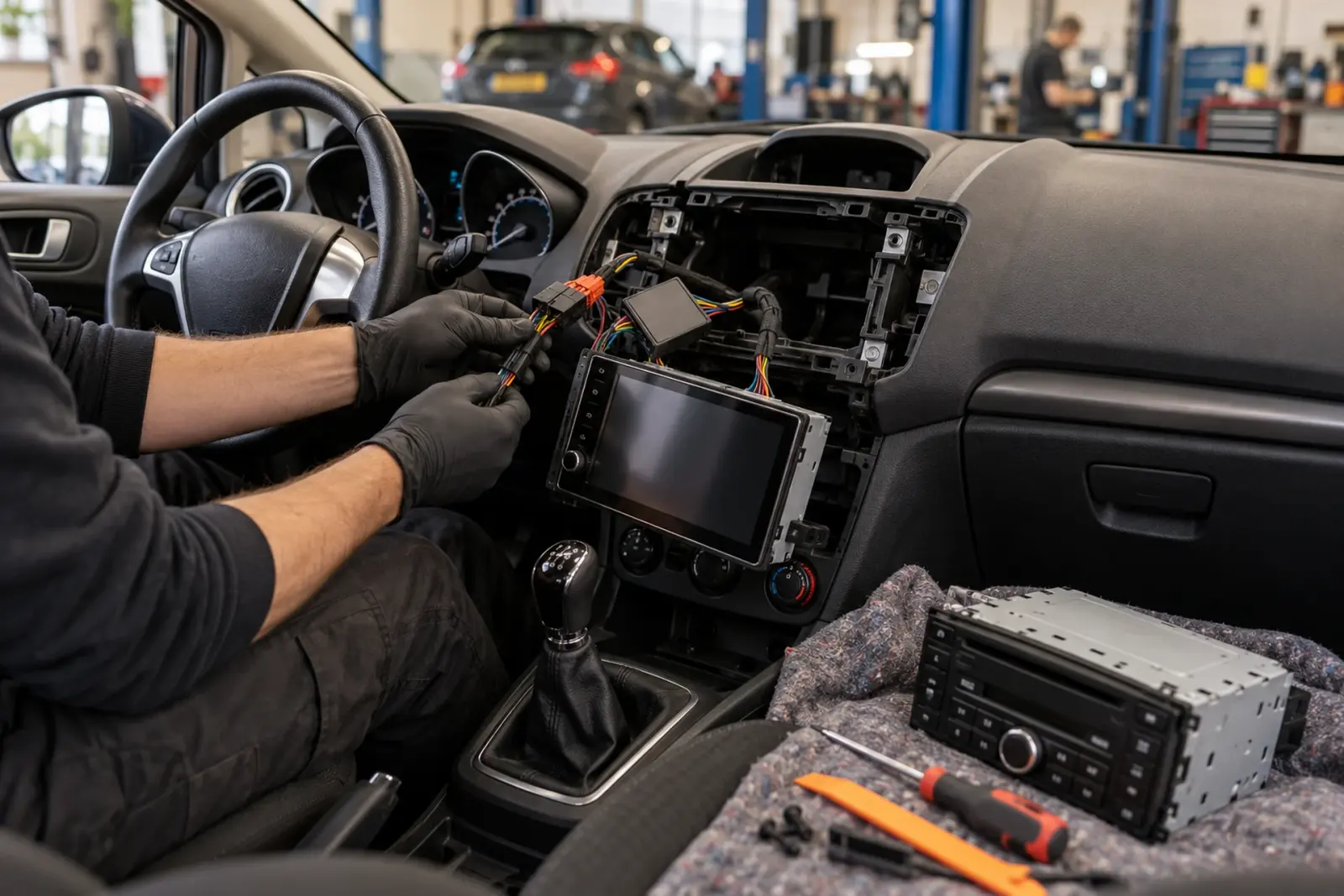 Android Auto radio inbouwen in Breda: monteur met handschoenen sluit de kabelboom aan op de nieuwe radio, de oude fabrieksradio ligt op de stoel