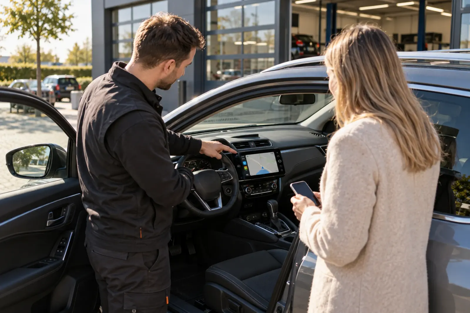 Monteur wijst een klant uit Breda bij de open autodeur op het nieuwe navigatiescherm, met de werkplaats van de inbouwpartner op de achtergrond