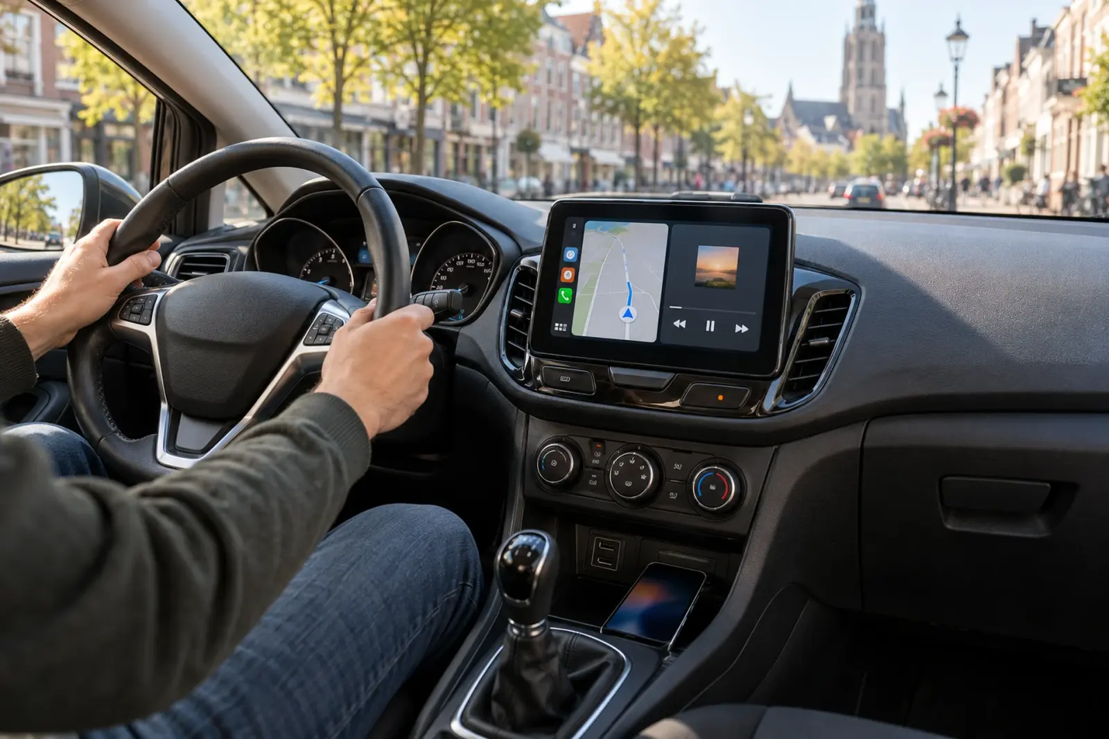 CarPlay bestellen in Breda: bestuurder rijdt door de binnenstad met navigatie en muziek op een ingebouwd CarPlay-scherm, met een kerktoren op de achtergrond