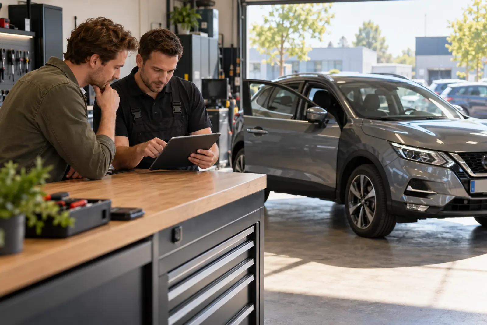 Monteur en klant uit Breda bespreken de offerte voor CarPlay inbouwen op een tablet aan de werkbank, met de auto op de achtergrond in de werkplaats