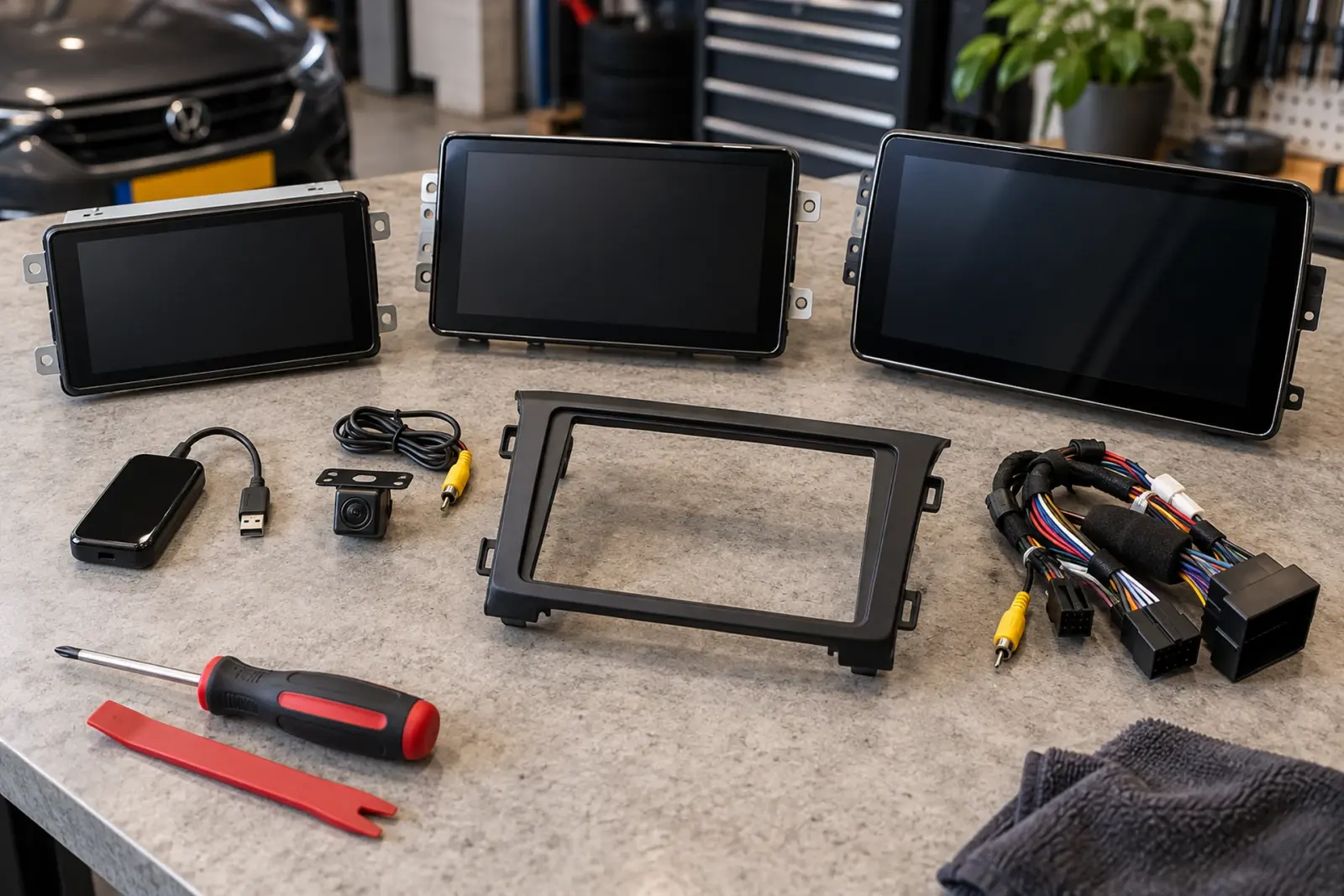 CarPlay prijzen in Breda: drie schermen in verschillende maten, een draadloze adapter, een achteruitrijcamera, een inbouwframe en kabelbomen op de werkbank van de inbouwpartner