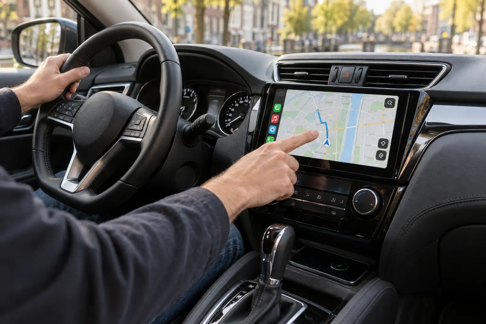 Bestuurder in Breda tikt een bestemming aan op de kaart van een breed CarPlay-touchscreen in het dashboard