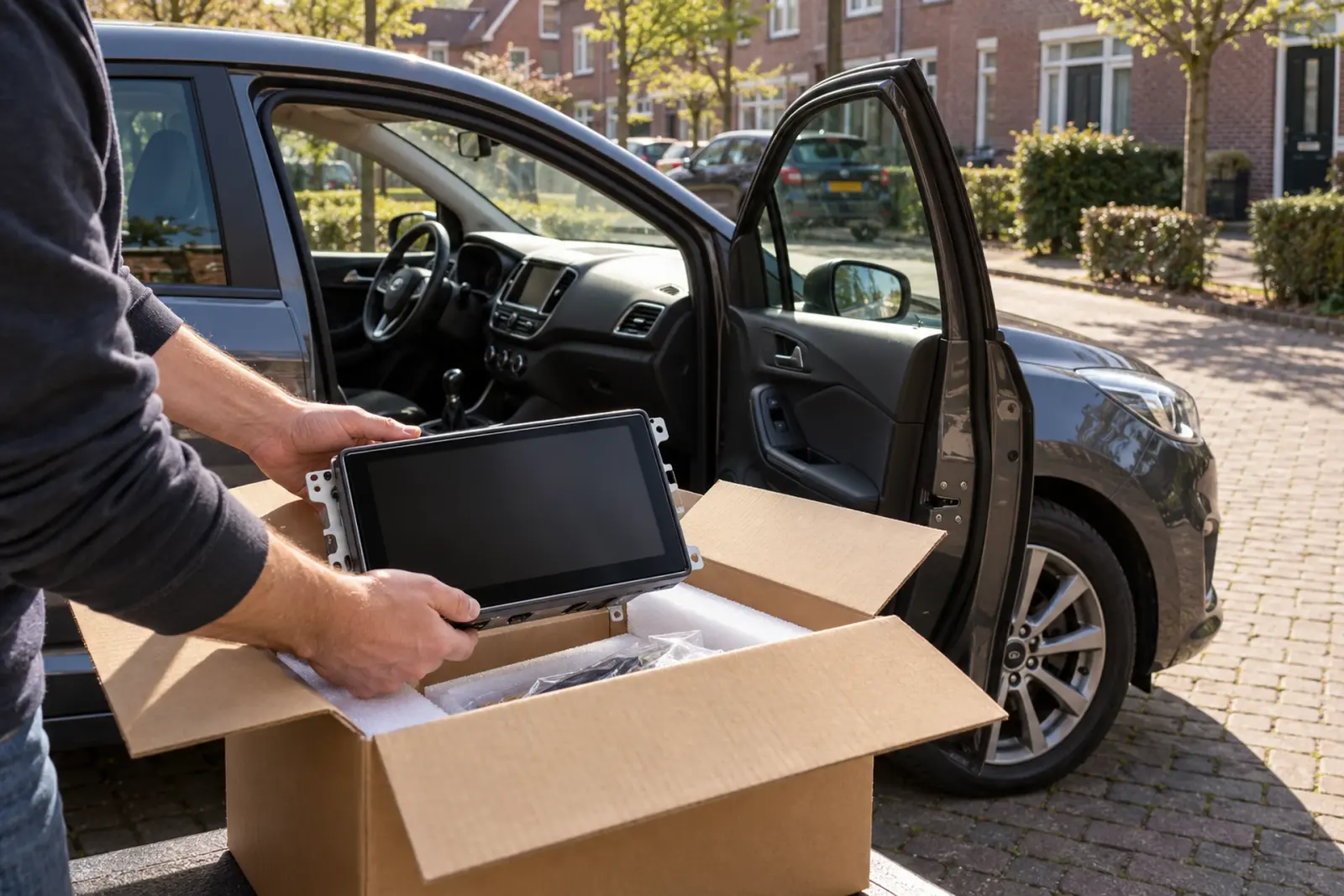 CarPlay scherm bestellen in Breda: nieuw scherm wordt uit de verpakking gehaald naast een auto met open portier in een woonwijk
