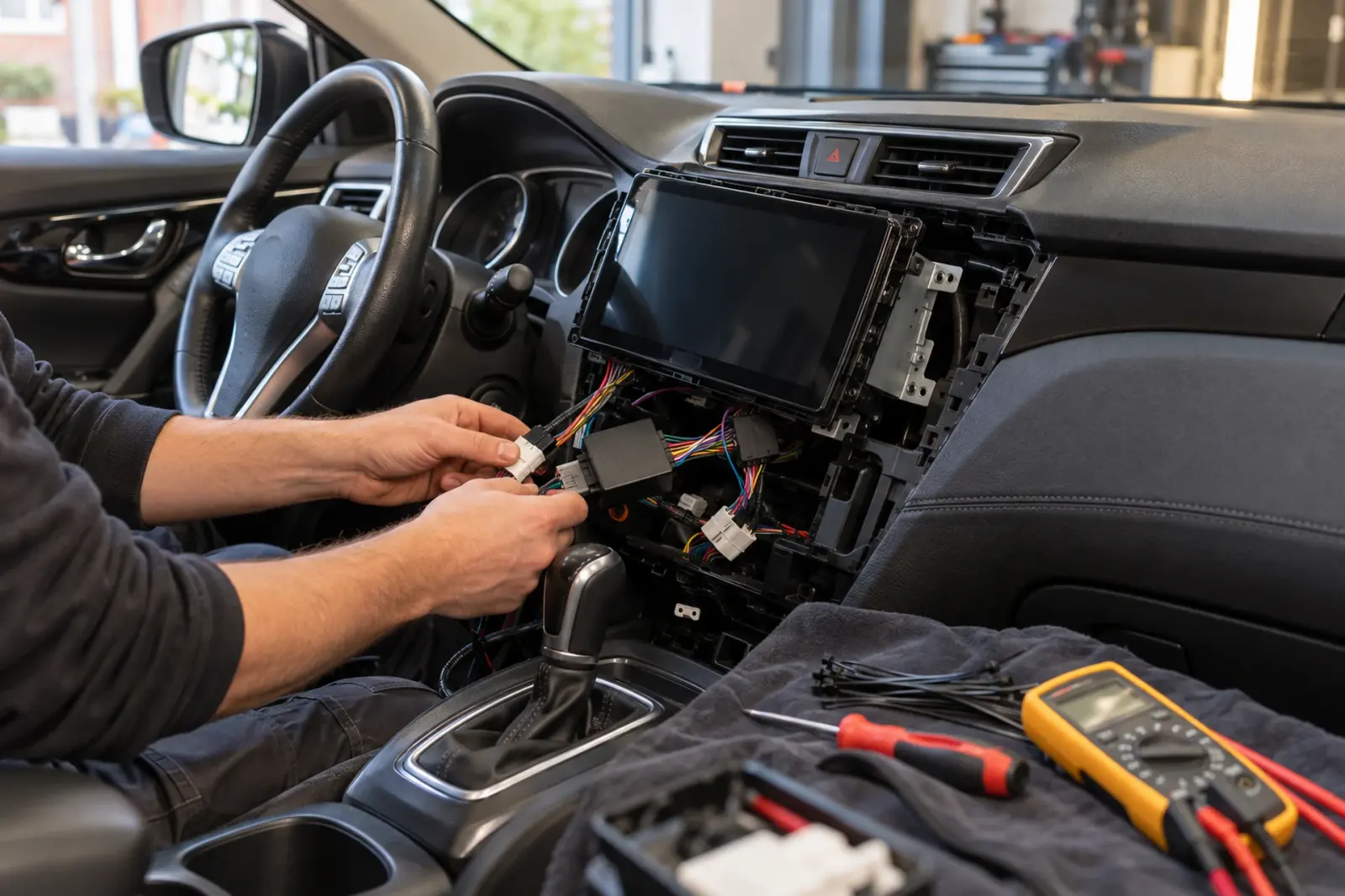 Monteur sluit de kabelboom en de interface aan achter een nieuw CarPlay-scherm in een auto uit Breda, met multimeter en tiewraps naast zich