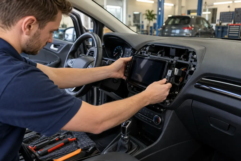 Monteur schuift een nieuw touchscreen in het dashboard van een auto uit Breda in de werkplaats van de inbouwpartner